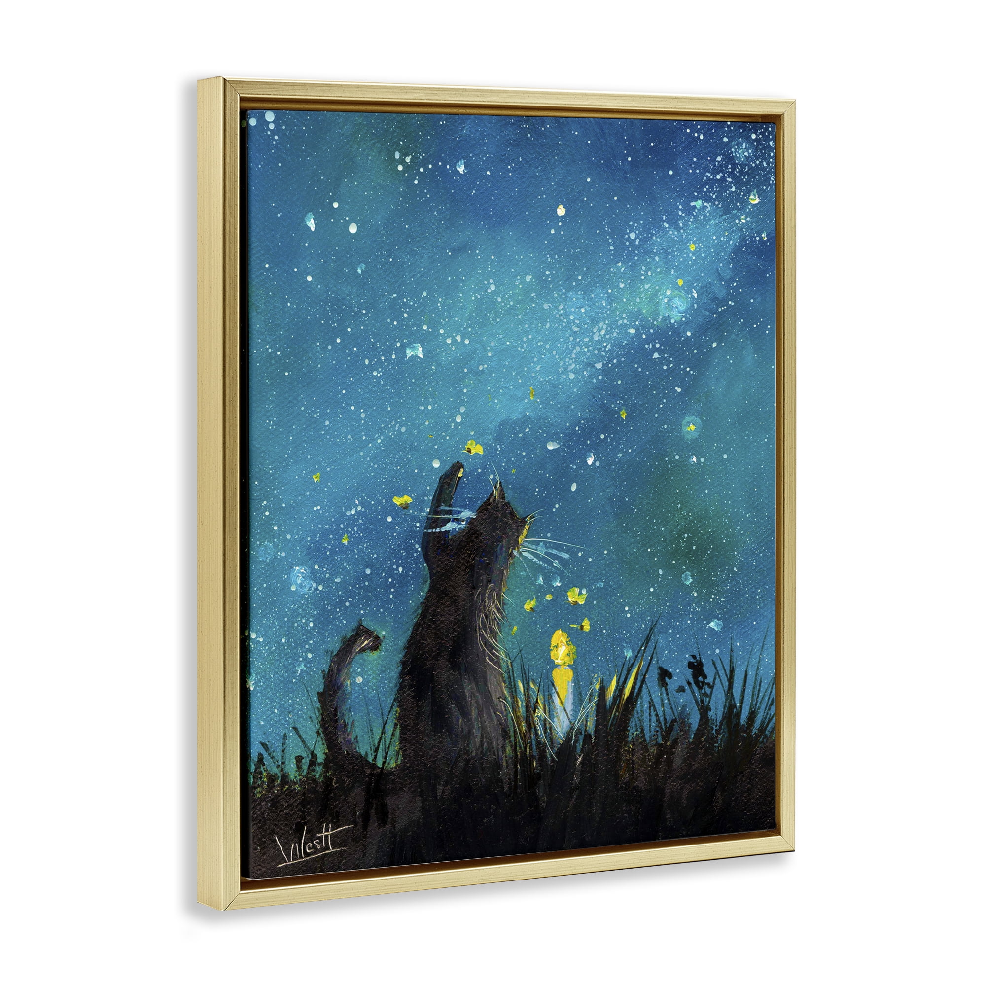 Stupell Industries Cat Playing Under Stars Astrology & Stars Painting Gold Floater Framed Canvas Art Print Wall Art, 25 x 31