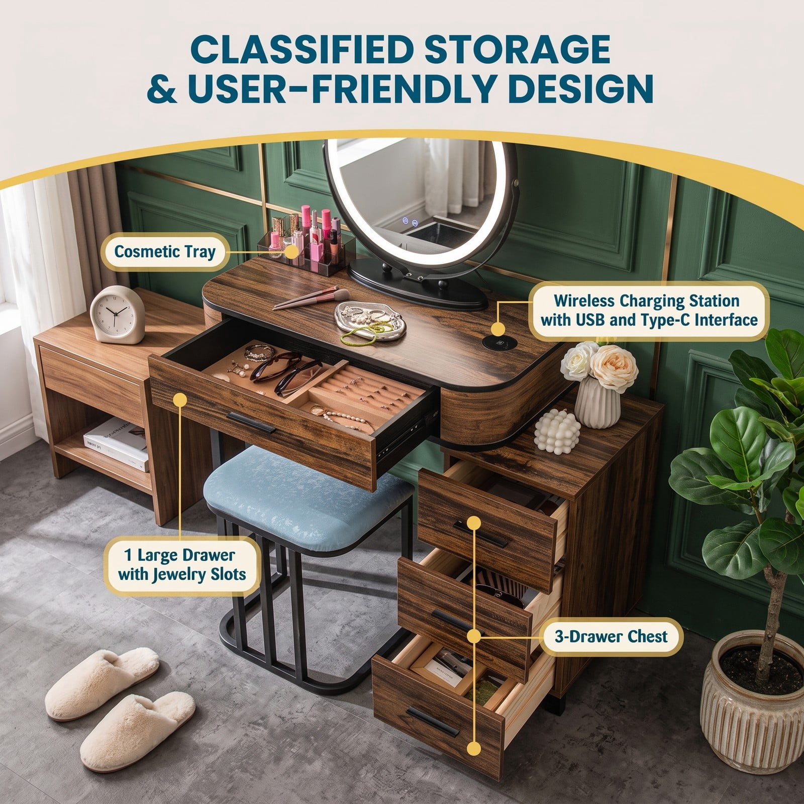 Furnibear Vanity Table Set with Lighted Mirror and Wireless Charging Station and 3 Drawer Chest and Cushioned Stool, Brown