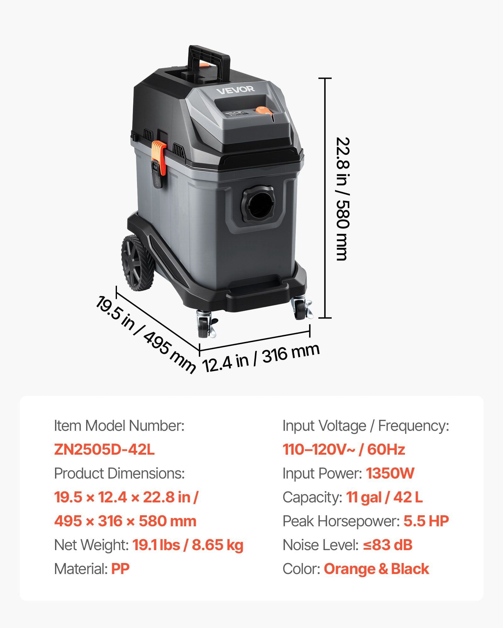 Commercial Shop Vac, 11 Gallon Wet Dry Shop Vacuum, 5.5 Peak HP Portable with One-Button Self-Cleaning, 1350W Input, 1.25in x 7ft Hose, 20ft Cord, Industrial-Grade for Jobsite, Workshop