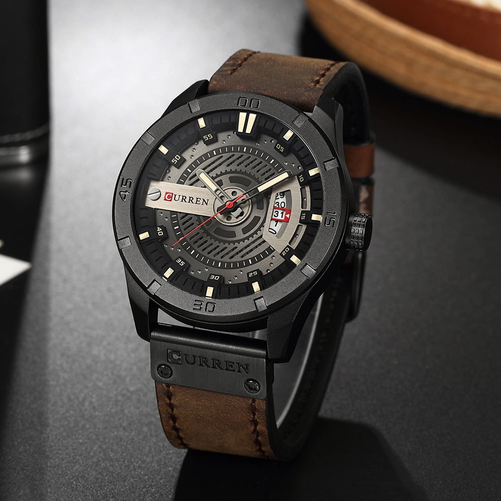 Montre Curren Pour Homme - Cadran Marron Et Noir - Bracelet Cuir - Quartz - Style Sport - Date
