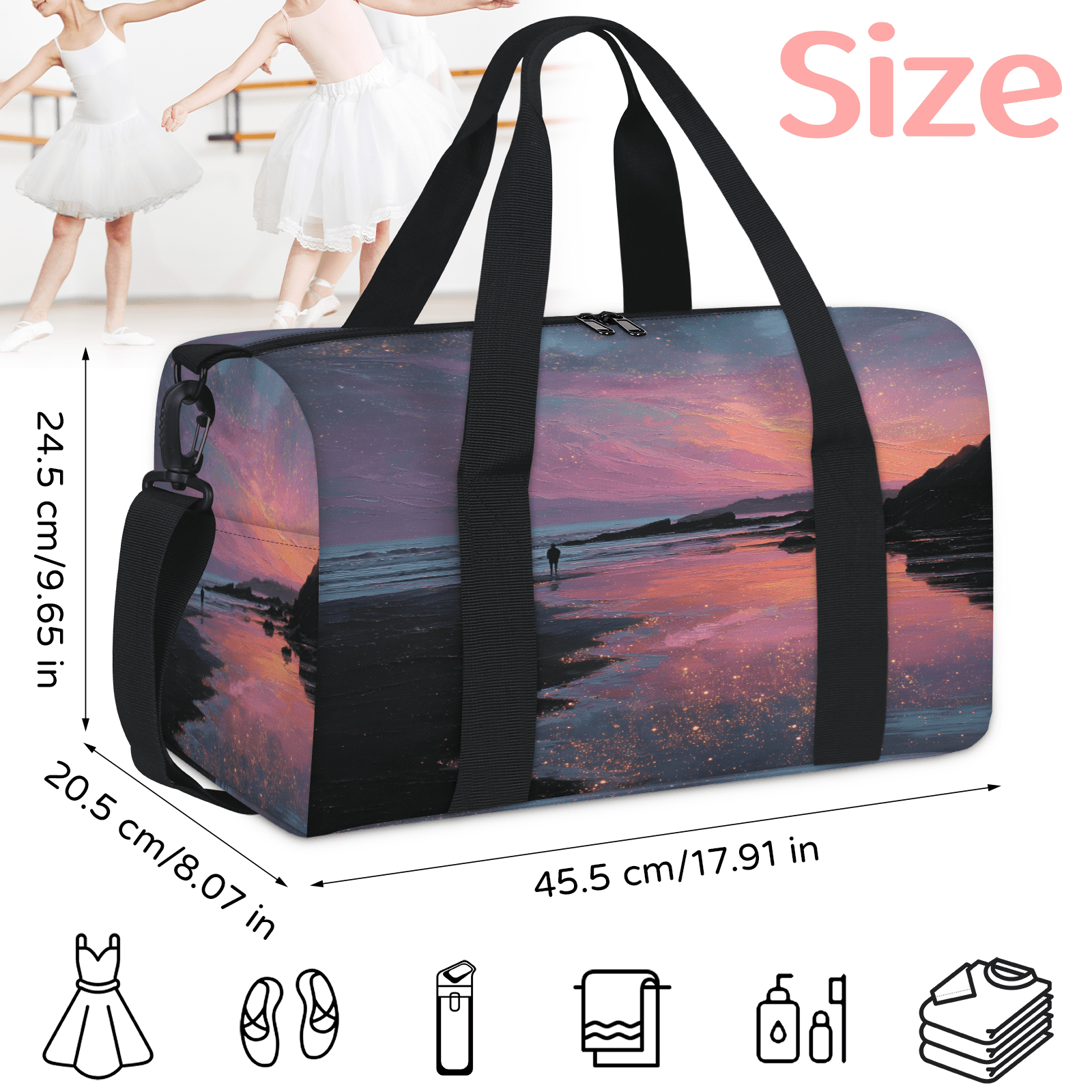 Herdesigns Ocean Beach Gym Bag for Women, Duffle Bag for Travel Sport, Galaxy Star Lightweight Waterproof Carry on Weekender Dance Yoga Workout Bags