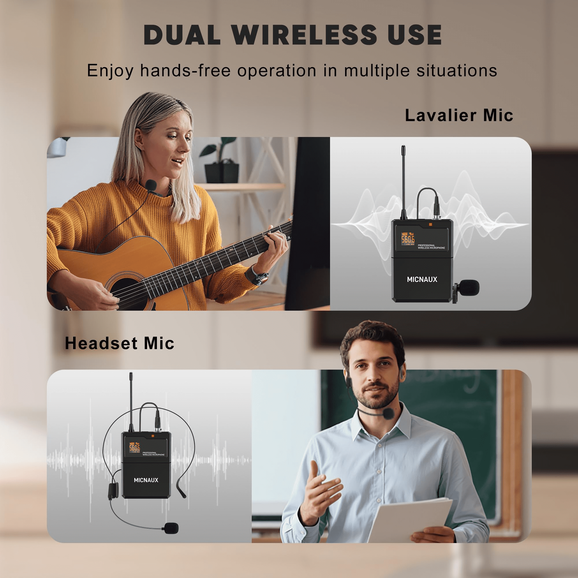Lapel Wireless Microphone System with Headset & Lavalier Mics, Pro 4 Channel UHF Mics Set with Bodypack Transmitter & Metal Receiver, 200 Adjustable Frequency, 300ft Range for Church, Party