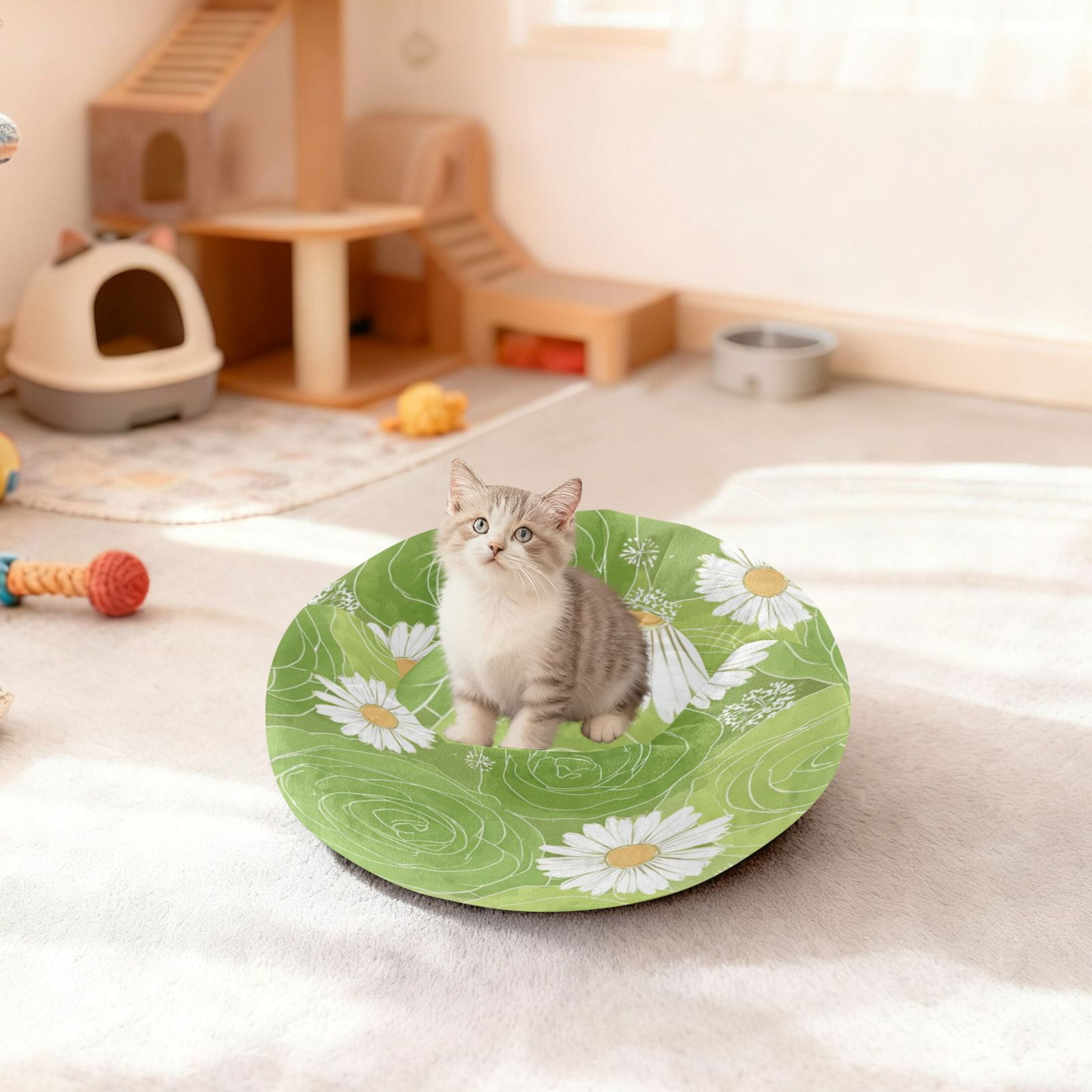 Iauyy Pet Couch Donut Cat Bed for Indoor Cats/Small Dogs Washable & Machine with Non-slip Bottom Calming Cat Furniture, Light Green Color Tone (M)
