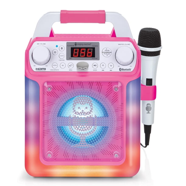 Máquina de karaoke portátil para adultos y niños - Altavoz incorporado, Bluetooth, luces LED, micrófono con cable - Con efectos de cambio de voz