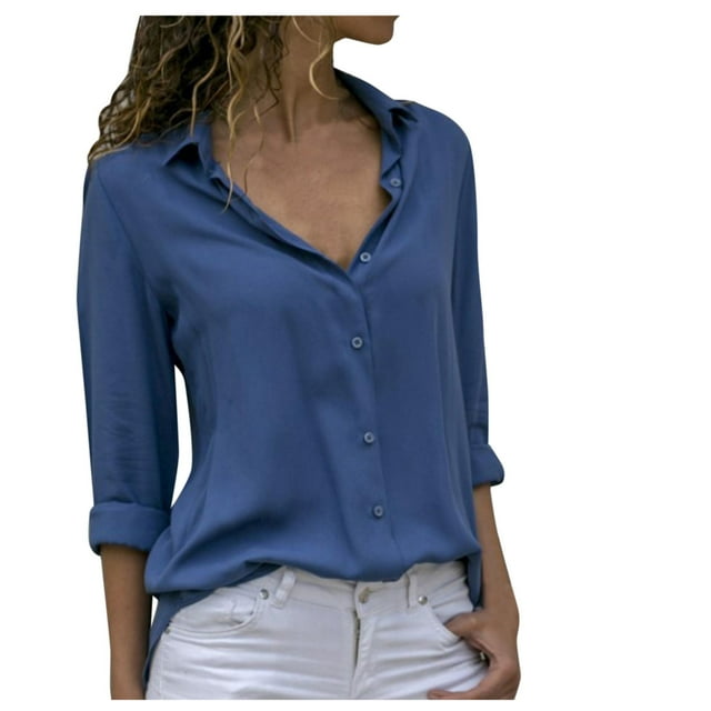 Hiiyo Chemise de Travail pour Femmes Boutonnée Décontractée Unie Basique à Manches Longues (S-TTG)