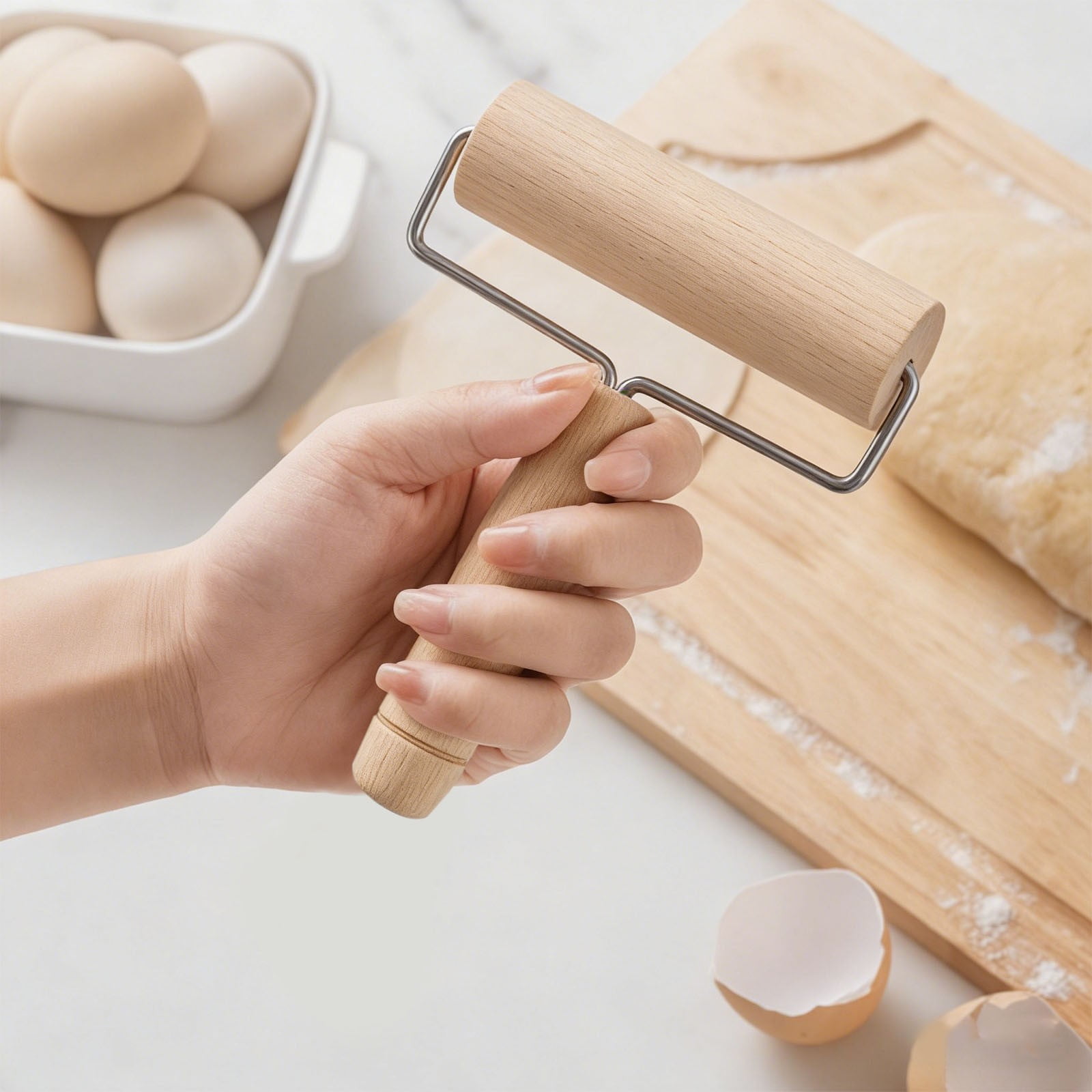FURNIX Ergonomic Wooden Rolling Pin,Manual Dumpling Skin Roller,Consistent Thickness Dough,Hygienic Food-Safe,Gift For Cooks And Bakers,Durable Hardwood Construction