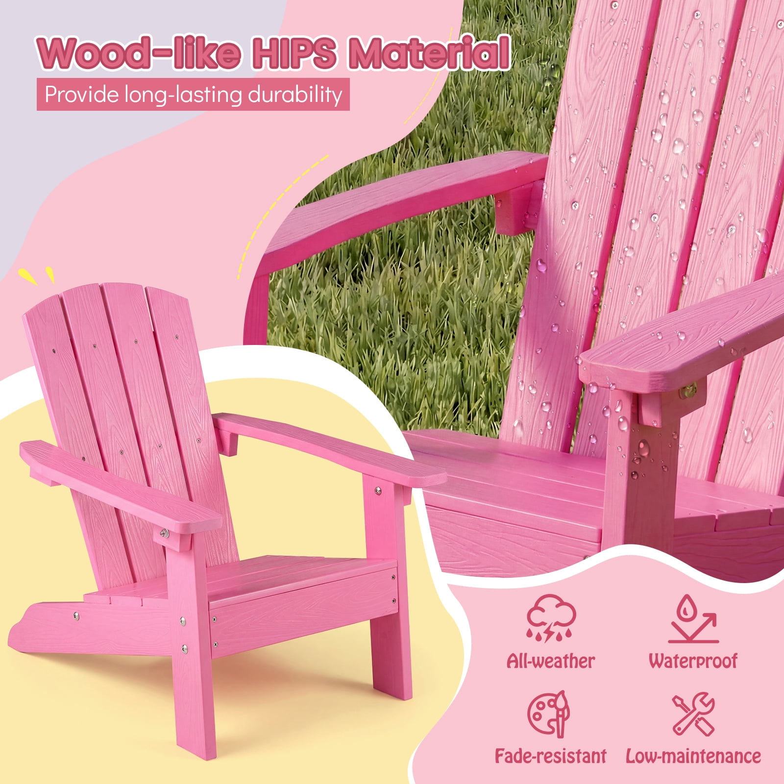 Costway Kids Adirondack Chair with High Backrest Armrests Fire Pit Chair for Kids Ages 3-8 Pink