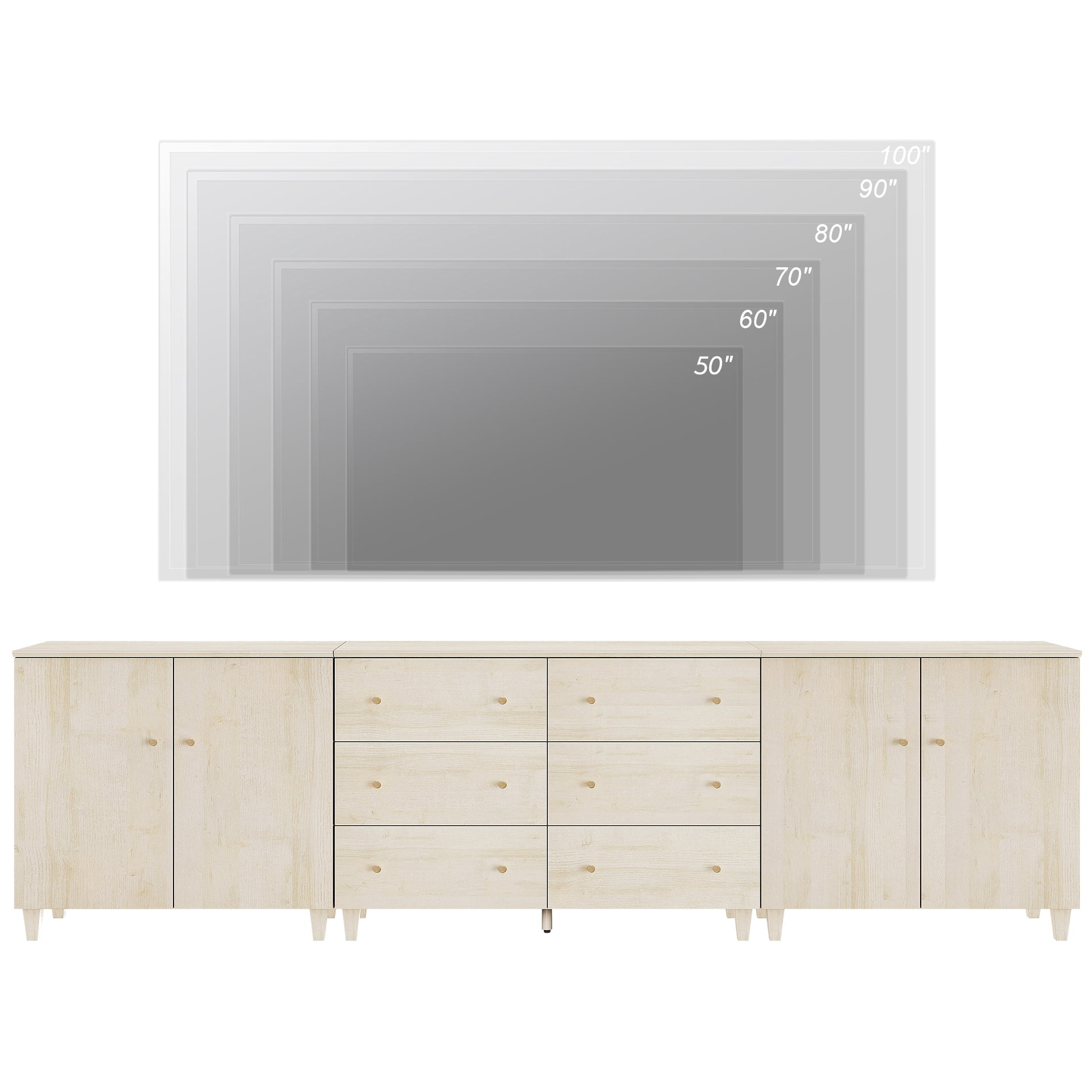WAMPAT Wide TV Stand for 110+ Inches TVs, 3-in-1 Modern Wooden Media Console with 6 Spacious Drawers and 2 Storage Cabinets for Living Room, Light Oak