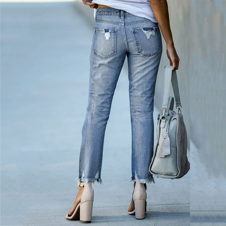 Fashion Ripped Raw Hem Jeans for Women's Fit Frayed Mid-Waist Denim Distressed Hole Trousers - Walmart.com