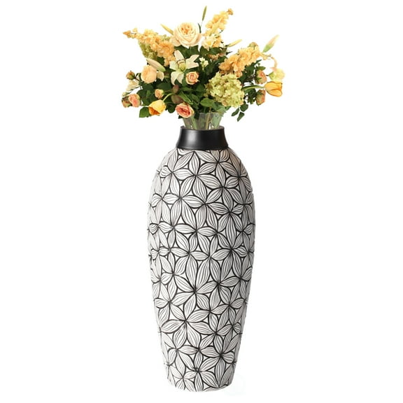 Timeless Flower-Inspired Ceramic Vase - Unique White 17-Inch-Tall Round Table Decor for Entryway, Dining Room, Living Room - Classic White Pottery - Elegant Home Accent with Chic Floral Touch