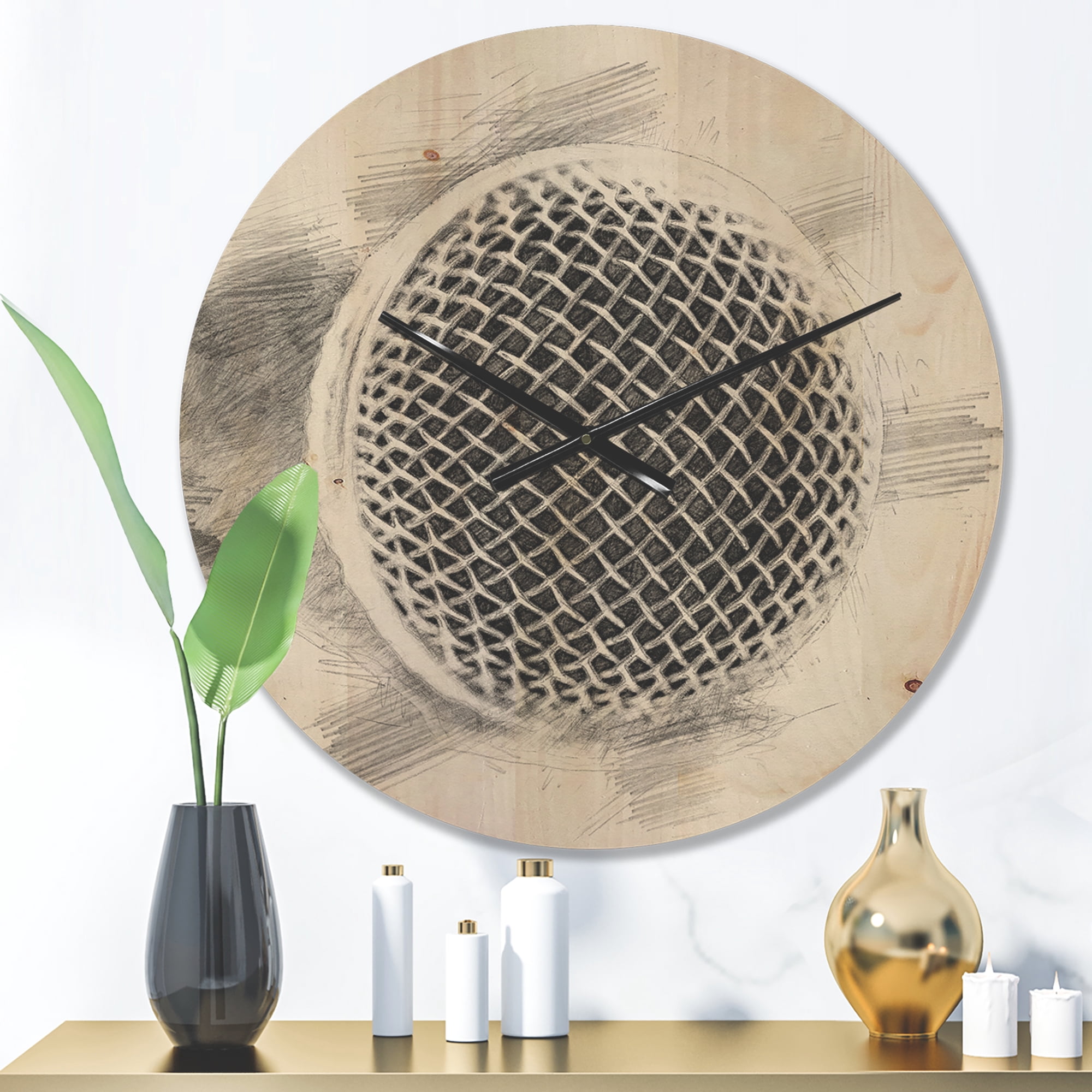 Designart 'Pencil Sketched Microphone' Modern Wood Wall Clock