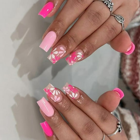 Fashionable Press On Artificial Nails Floral French Manicure Styles Smudges Proof Plastic Nails Tips Perfect For Parties Daily Use