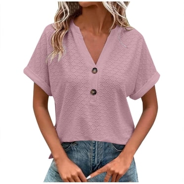 JMYHOAM Hauts Grande Taille pour Femmes Col en V Tunique Décontractée à Boutons Manches Courtes T-Shirts Mode Décontractée Couleur Unie T-shirt d'Été Décontracté