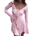 thumbnail image 2 of Women'S Long Sleeve V-Neck Dress Off Shoulder Ruffle Tiered Flowy Bodycon Mini Dresses Pink S, 2 of 10