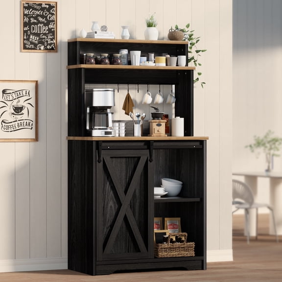 Farmhouse Coffee Station with 3 Tier Storage Hutch & 6 Hooks - 56 Inch Small Coffee Bar Table with Adjustable Shelves for Living/Dining Room