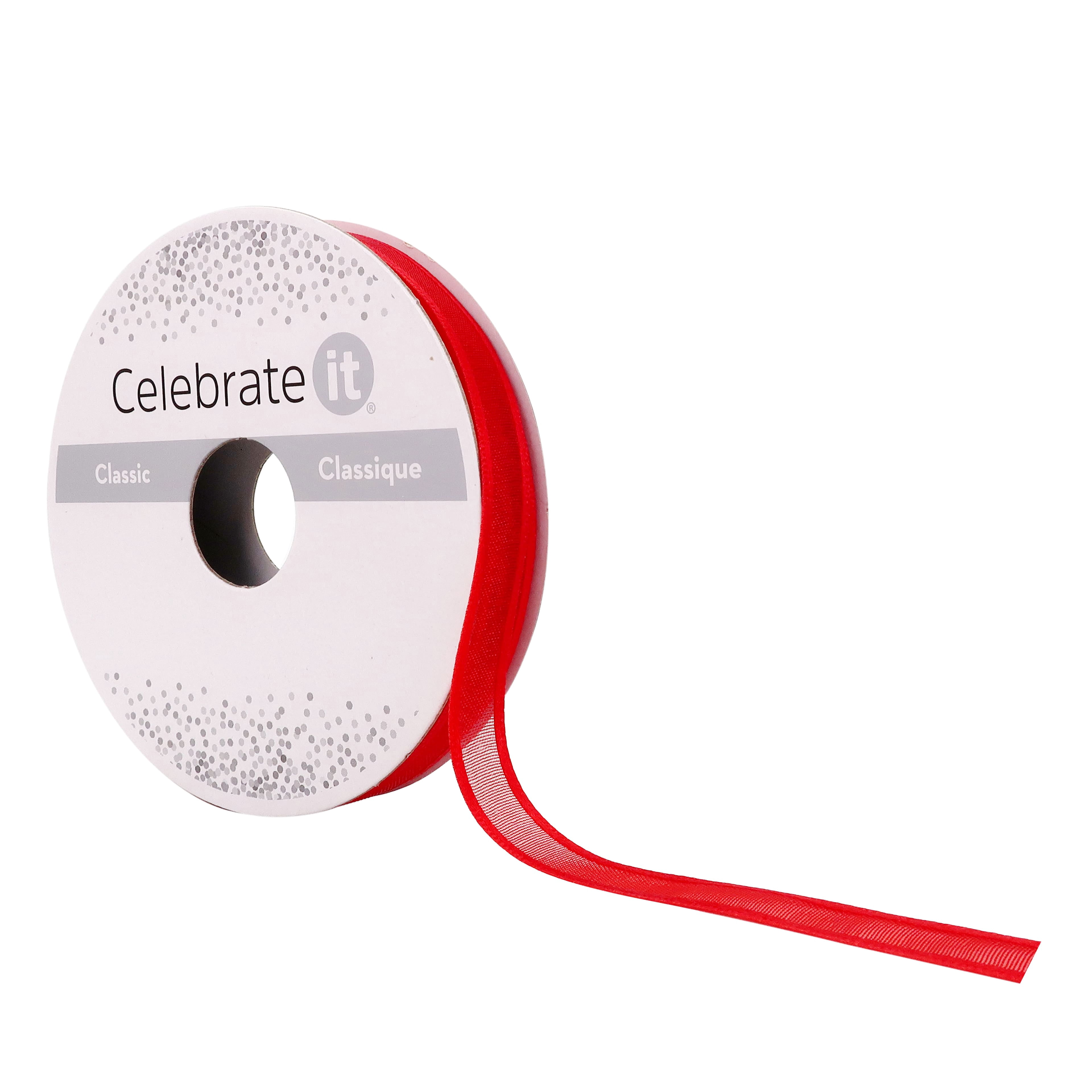 Celebrate It 3/8" x 5yd. Red Sheer Satin Ribbon - Assorted Colors, Non-Wired with Woven Selvage, Nylon, Ideal for Gift Wrapping, Baskets & DIY Crafts, 24 Pack