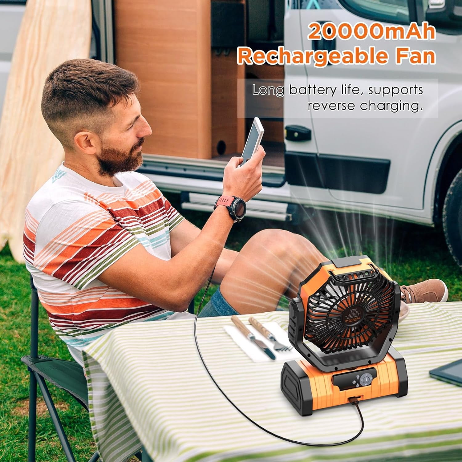 F6 Camping Fan, Portable Battery Powered Fan with 20000mAh Rechargeable Battery, LED Lantern, Remote & Oscillating - 4 Speed for Tent, Travel, Bedroom, Car, Outdoor Camping Essentials