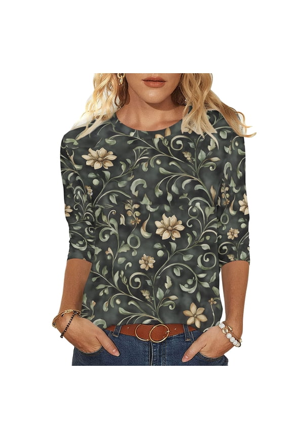 Women's Tops 3/4 Length Sleeve Shirts 2026 Spring Summer Womens Clothings Basic Tees Fashion Flowers Printed Round Neck Blouses Pullover