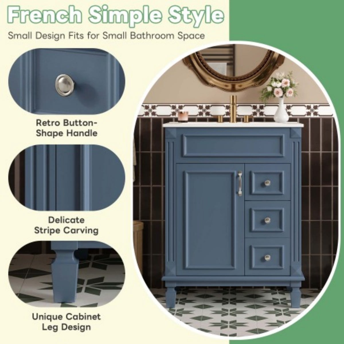 24" Bathroom Vanity with Sink, Modern French Style Bathroom Cabinet with Ceramic Sink, Small Bathroom Storage Cabinet with 2 Drawers, Adjustable Shelf, Blue
