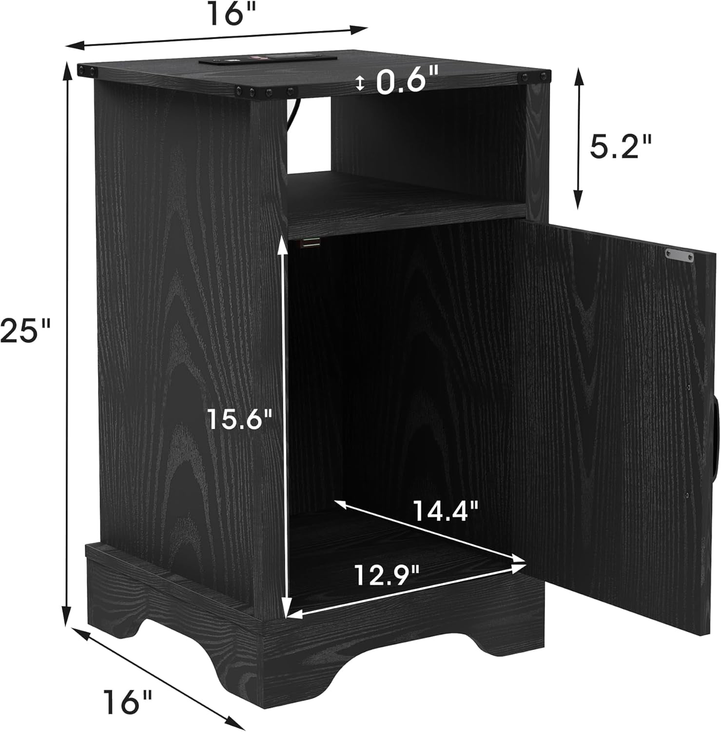 CozyHome Farmhouse Nightstand Set of 2 with Charging Station, Wooden End Table, Rustic Night Stand with Storage Cabinet and Shelf, Tall Bedside Table for Bedroom, Living Room, Black
