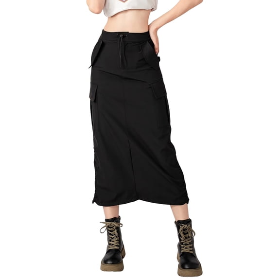 Baqcunre Skirts for Women Women's High Waist Slim Slim Casual Side Drawstring Pleated Tooling Half Skirt Slit Aline Midi Skirt Maxi Skirt Maxi Skirts for Women Black L(Hot)
