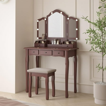 

Vanity Desk Vanity with Lighted Mirror Tri-Folding Mirror Vanity Set with 5 Drawers Dressing with 10 LED Light Bulbs & 3 Light ()