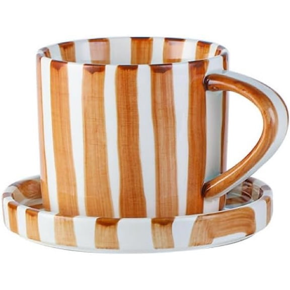 Small 8oz Stylish Striped Coffee Mug Espresso Cups With , Hand painted Ceramic Cappuccino Mugs, Glazed Cup with set, Microwave safe cup,(Brown), Fall mug