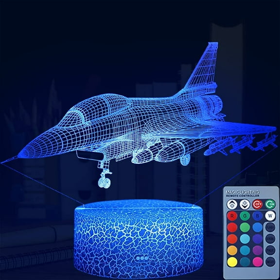 3D Night Light for Kids Plane Fighter with Remote Control & Smart Touch 16 Colors Changing Dimmable 3D Illusion Lamp Nightnight, Gift Toy for Boys or Girls Age 2 3 4 5 6 7 8  Years Old