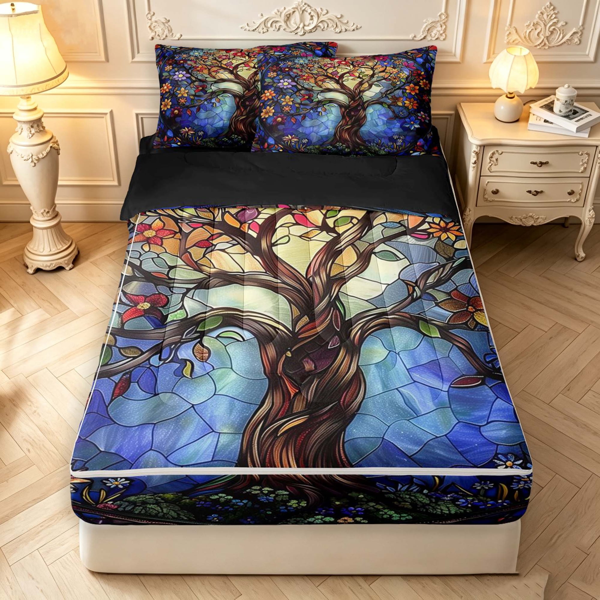 Homewish Watercolor Nature Tree Floral Zipper Twin Comforter Sets with Fitted Sheet and 2 Pillowcases Colorful Boho Glass Zipper Bedding Set Navy Black Reversible 4pcs