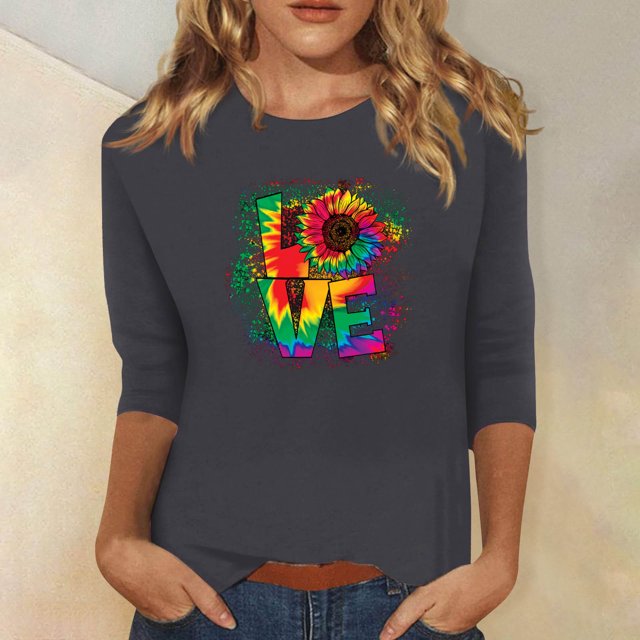 Qertyioot Cadeau de Saint-Valentin pour Femmes, Mode Manches Trois-Quarts Col Rond Rétro Imprimé de Noël Haut Ample Blouse Manches Trois-Quarts