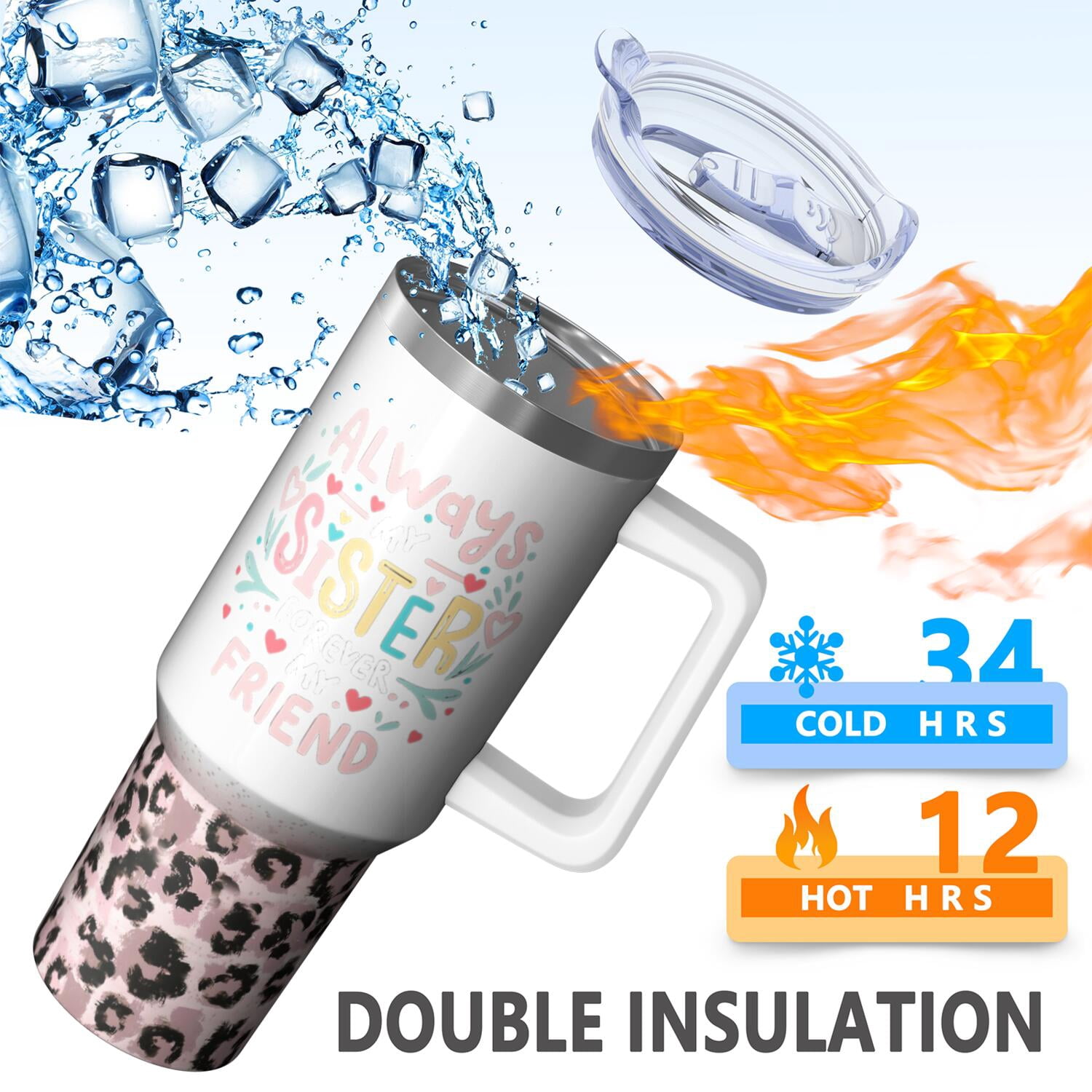 Lovely Sister Gift - 40oz Insulated Tumbler with Handle and Straw, Vacuum Stainless Steel, Ideal Christmas Birthday Gift for Sister, BFF, Bestie, Friend