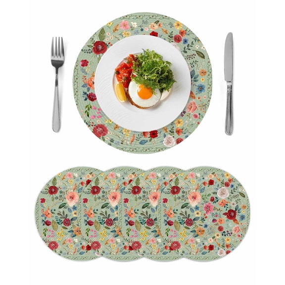 Sage Green Floral Round 13 Inch Placemats Set of 4, Spring Flowers Leaves Farmhouse HeatResistant Non Slip Place Mats for Dining Table, Wipeable Braided Kitchen Table Mats for Housewarming
