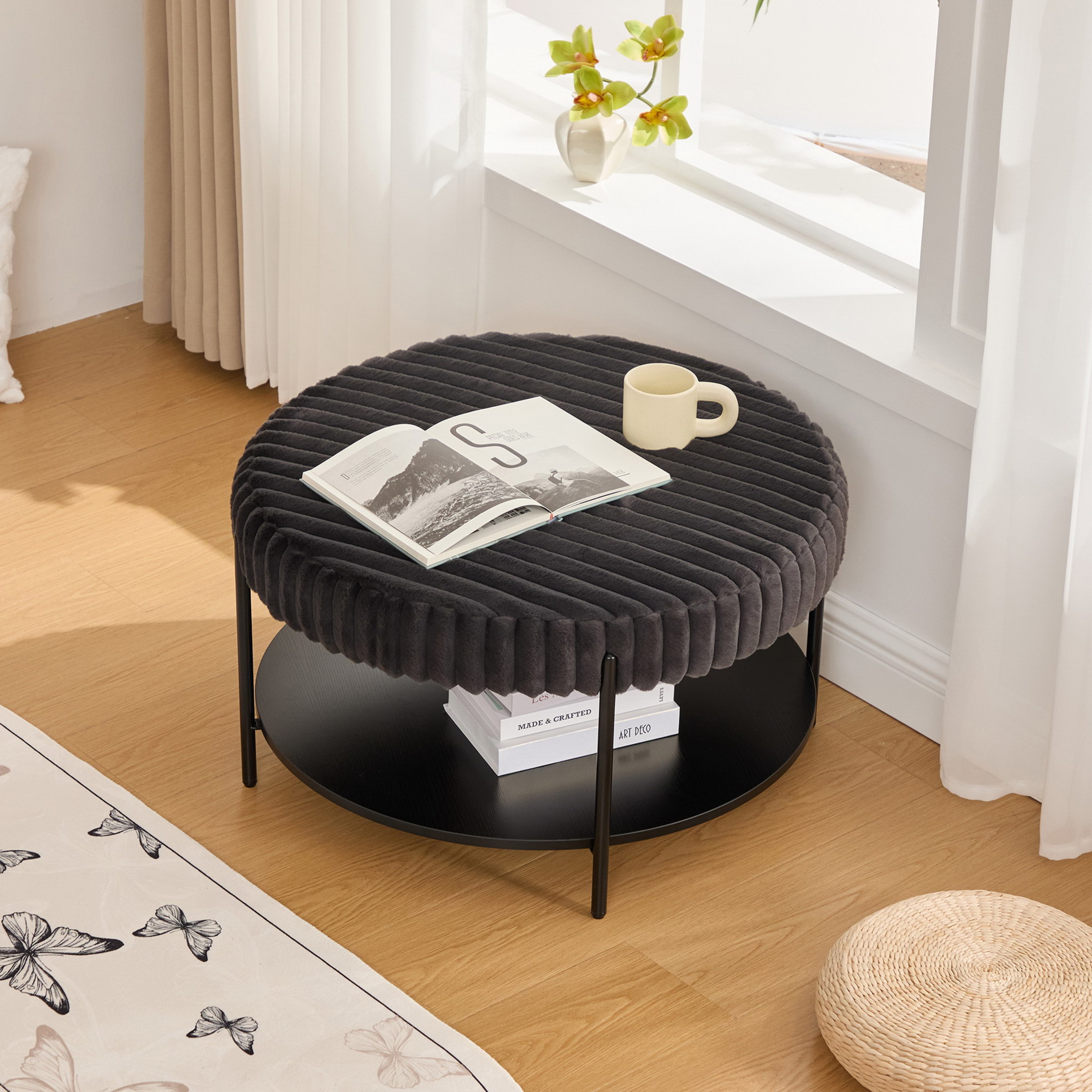 Noble House Camlyn 30.9" Faux Fur Round Ottoman Coffee Table, Footrest with Black Metal Legs & Storage Shelf, Charcoal
