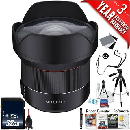 Rokinon AF 14mm f/2.8 Lens for Canon EF IO14AF-C + Deluxe Cleaning Kit + Lens Cap Keeper + Full Size Tripod + Mac Essentials Lifetime Online Support + 32GB SDHC Class 10 Memory Card
