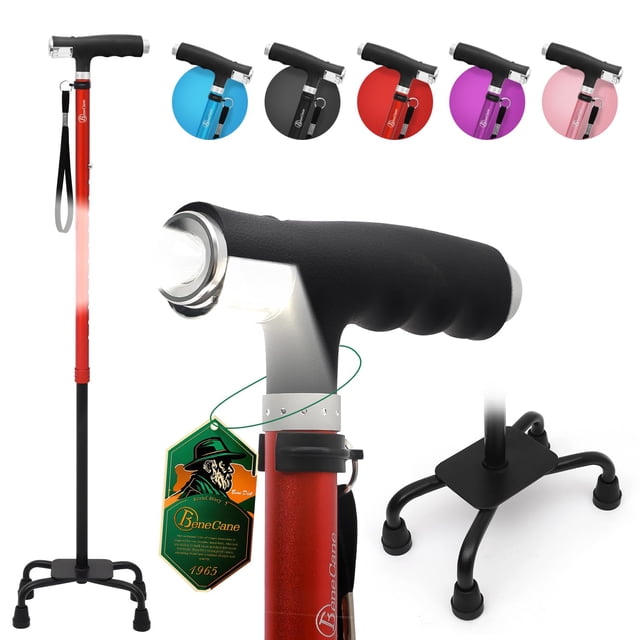 Bastón BeneCane Quad Cane con dos luces LED, base grande, mango en T y ligero, ajustable, de cuatro puntas, resistente, para hombres y mujeres (rojo)