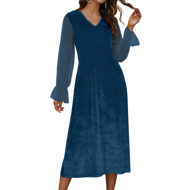 Robe Patchwork pour Femmes à Col en V en Velours et Chiffon Longueur Genou Sans Manches
