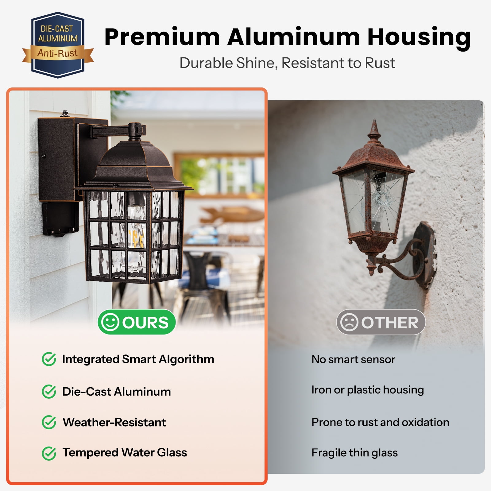 Gleamz Dusk to Dawn Outdoor Porch Light with GFCI Outlet, Farmhouse Oil Rubbed Bronze Gold Trim Outside Wall Sconce Lantern, Waterproof Exterior Garage Lighting Fixtures Wall Mount for House