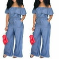 thumbnail image 3 of Douhoow Women Off Shoulder Denim Jumpsuit Ruffle Slash Neck High Waist Overalls Wide Leg Jeans, 3 of 3