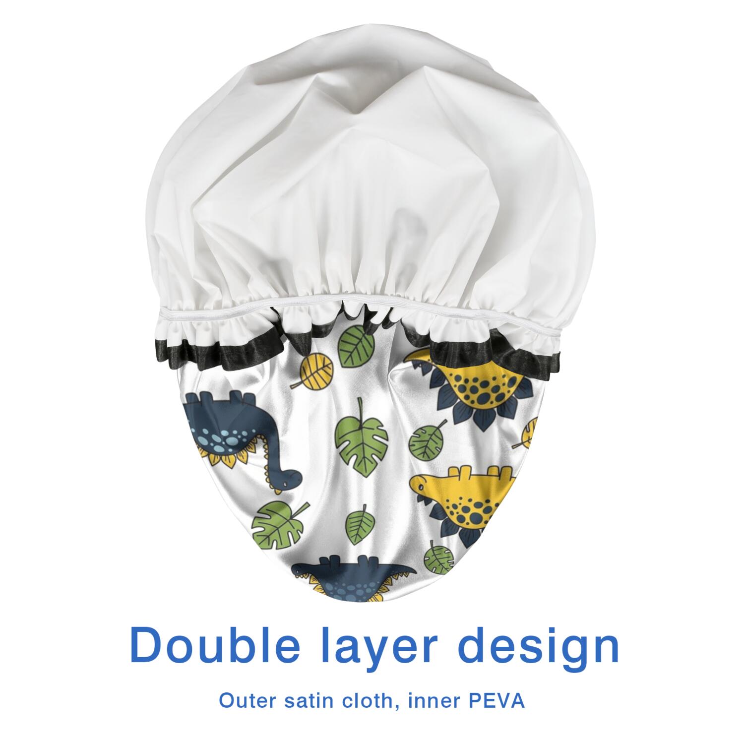 Shower Caps,White Cartoon Dinosaurs Green Yellow Leaves Pattern Waterproof Shower Cap for Women 4 Pieces,Double Reusable Hair Cover for Shower PEVA Elastic Stretch Hem