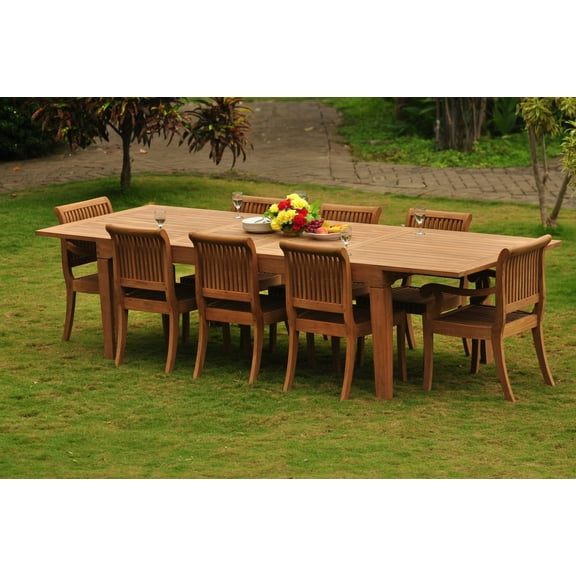 Teak Dining Set: 8 Seater 9 Pc: Large Caranasas 122" Dining Rectangle Table Table, 2 Arm & 6 Giva Armless Chairs Outdoor Patio Grade-A Teak Wood WholesaleTeak #WMDSGV63
