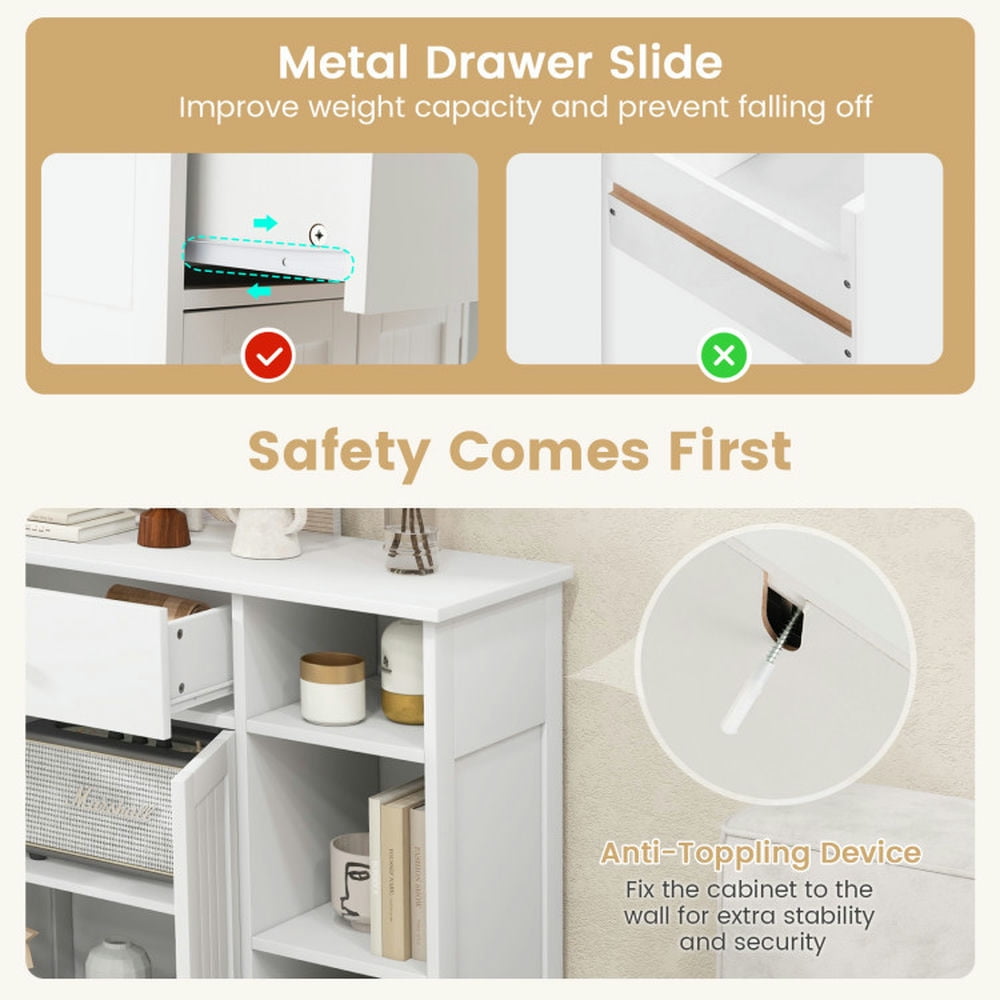 Finihen Storage Cabinet, Floor Cabinet, Freestanding Kitchen Cupboard Storage Organizer with 1 Large Drawer, for Bathroom, Living Room, Bedroom, Kitchen, White