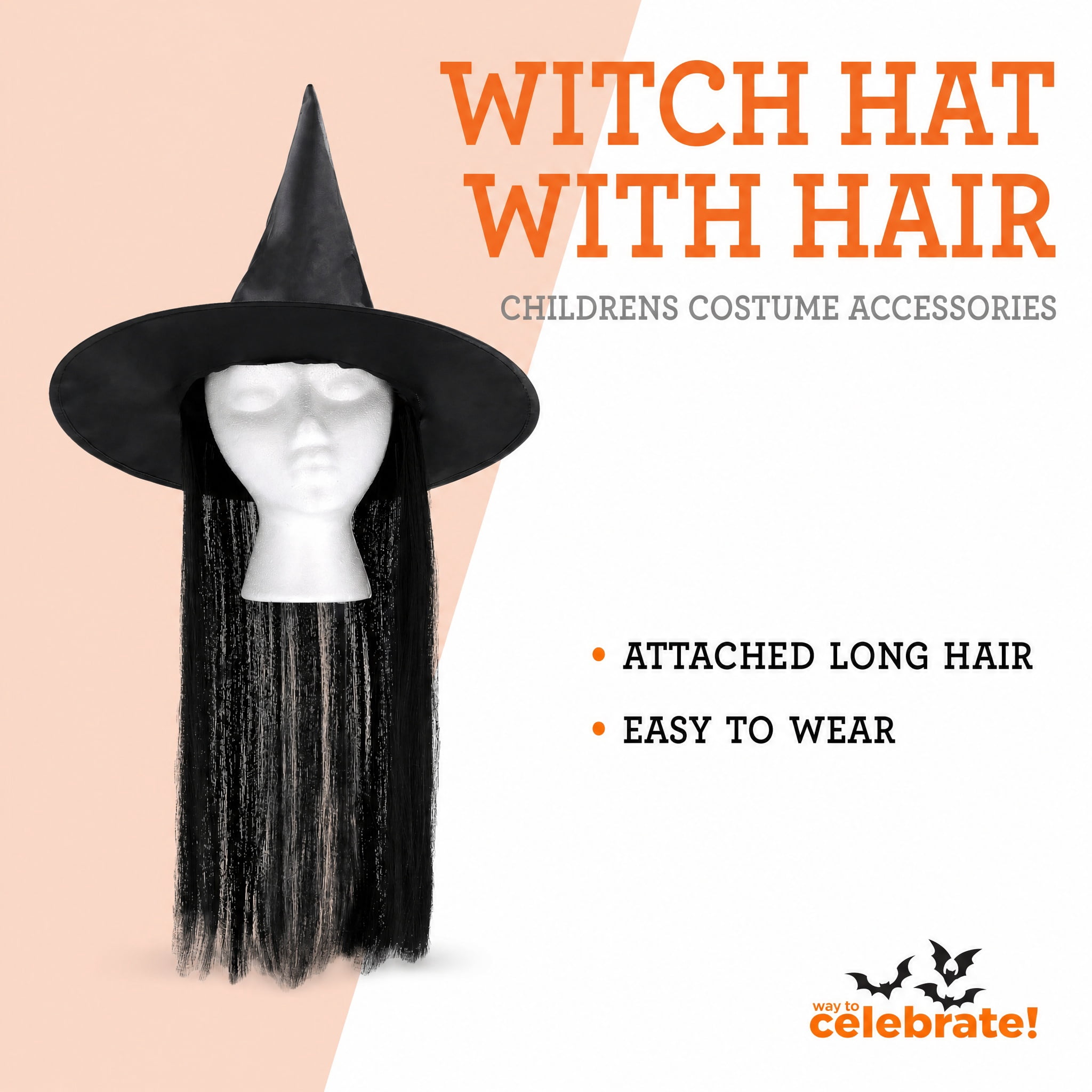Witch Hat with Hair Costume Accessory for Children, Black, Halloween by Way To Celebrate