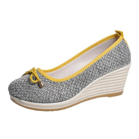

Pyhlmscde Women s Pumps Round Toe Ballet Wedge Shoes Comfortable Woven Breathable Bow Decorative Loafer Low Heel Dress Slip on Foot Wear