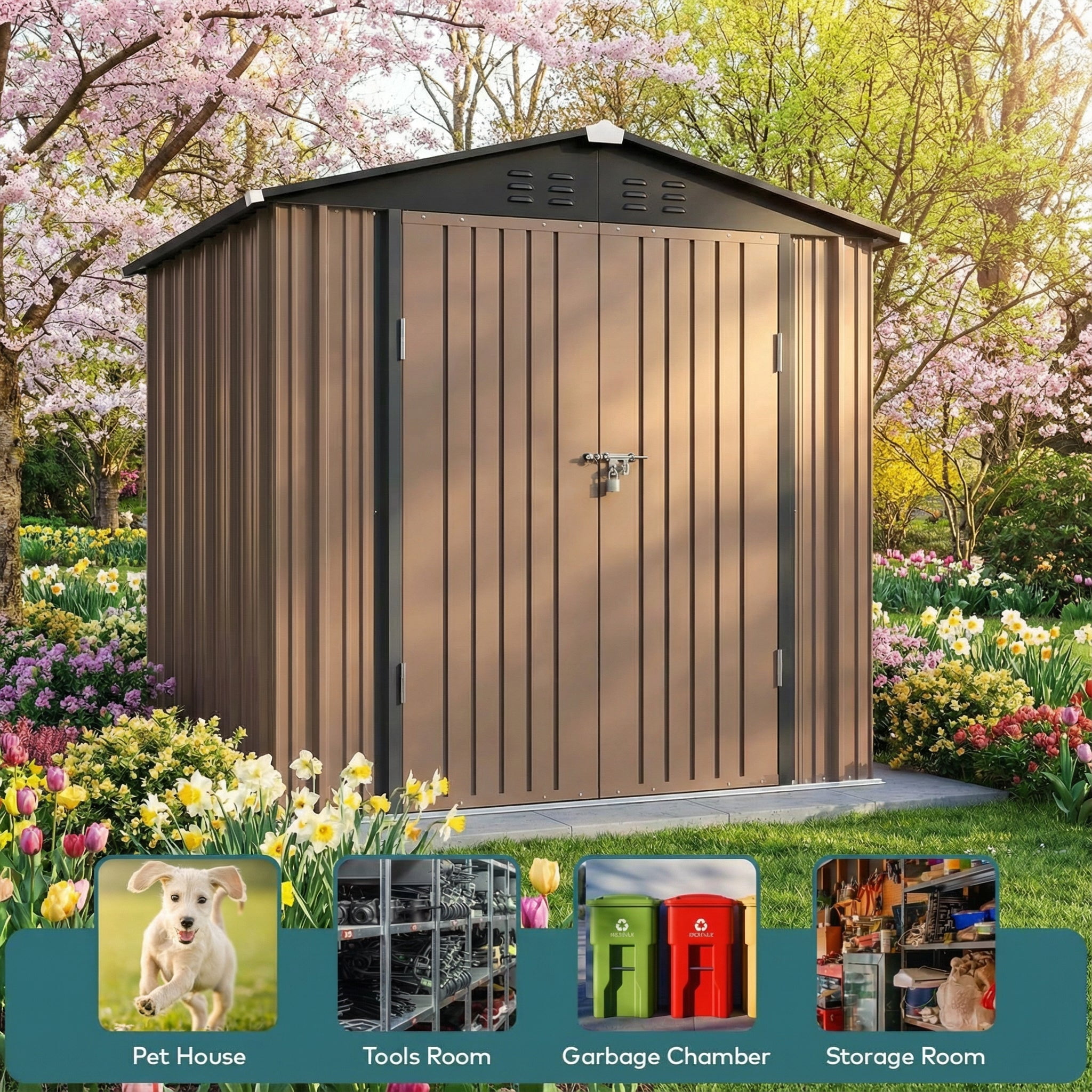 6' x 4' Outdoor Storage Shed, Weather-Resistant Iron Garden Shed with Lockable Double Doors for Backyard/Patio/Lawn, Brown