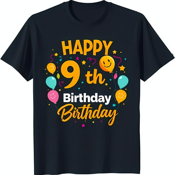 Happy 9th Birthday T-Shirt for Dark Blue Tee with Colorful & Stars