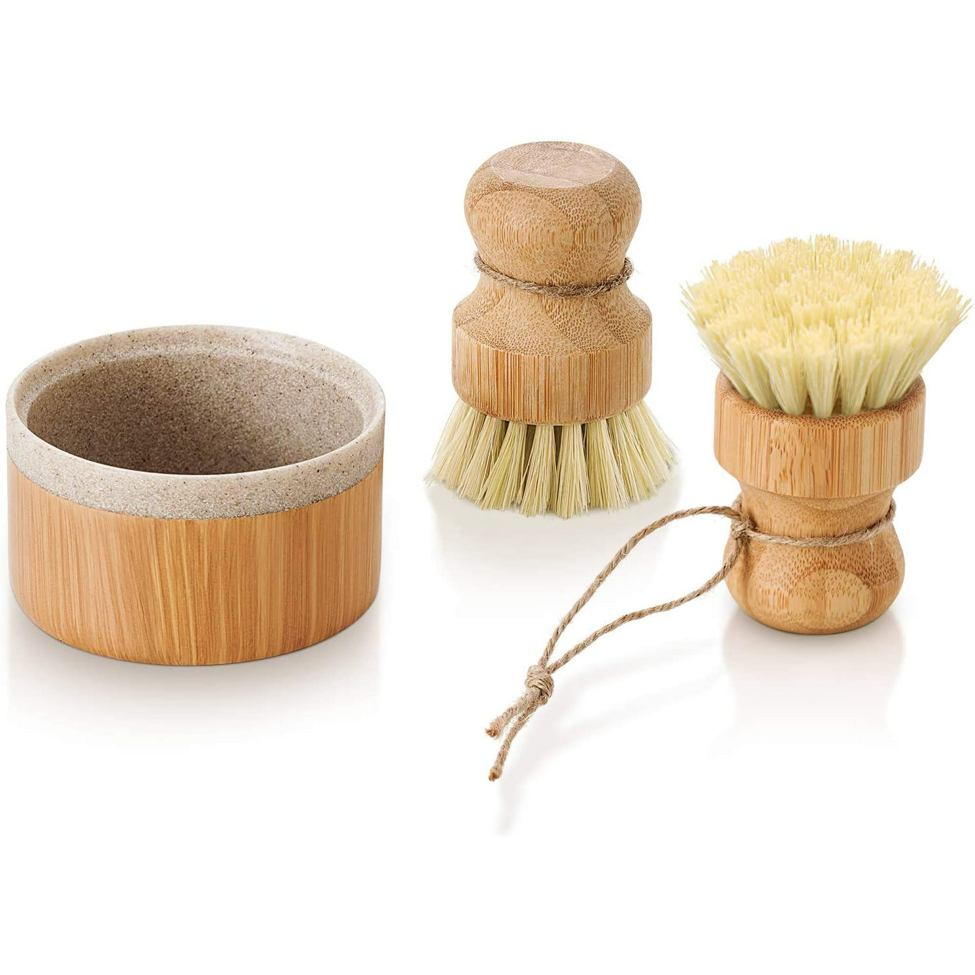 Bamboo Dish Scrub Brushes by Subekyu, Kitchen Wooden Cleaning Scrubbers Set  for Washing Cast Iron Pan/Pot, Natural Sisal Bristles, Set of 3