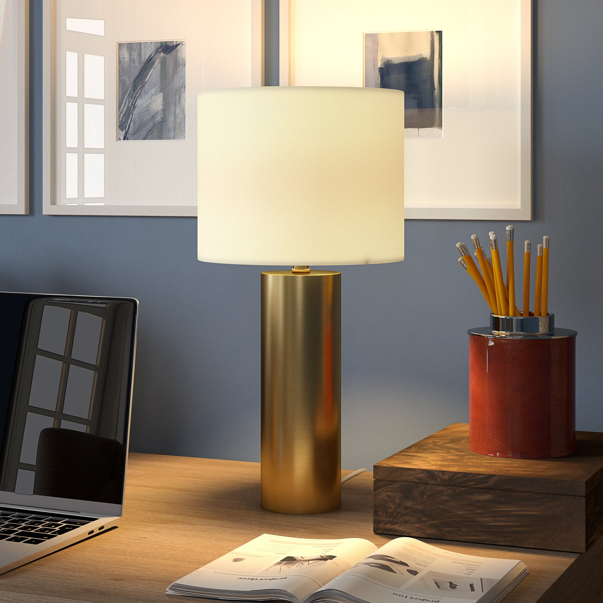 York 16" Tall Table Lamp with Fabric Shade in Brass/White