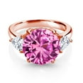 thumbnail image 3 of Gem Stone King 18K Rose Gold Plated Silver Pink Created Sapphire and White Moissanite 3-Stone Ring for Women (8.74 Cttw, Round 12MM, Trillion 5MM, Size 8), 3 of 4