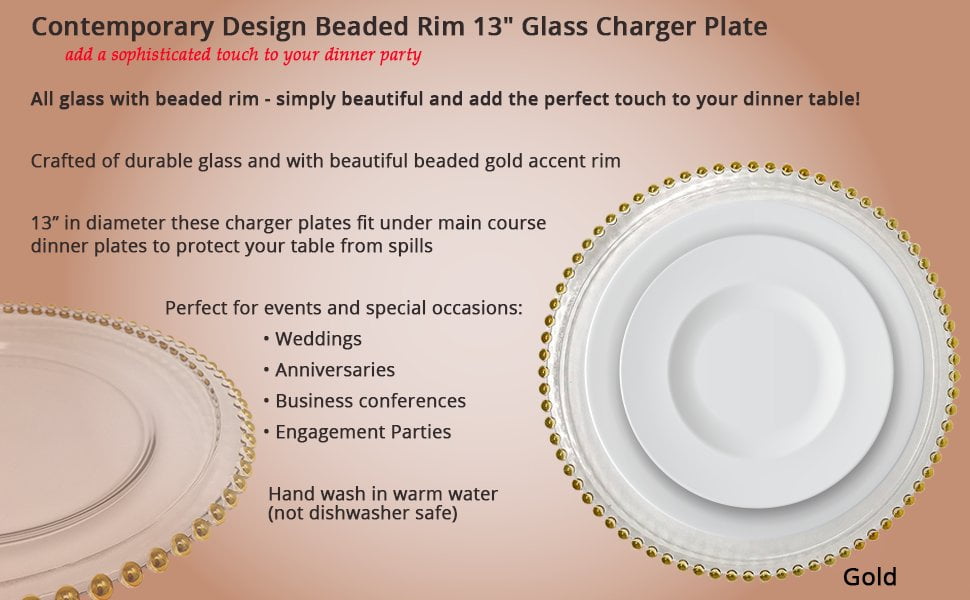 #1#1 Beautiful Round Glass Dinnerware 13-Inch Red Beaded Rim Clear Charger Plate Wedding Christmas Anniversary Modern Formal Charger Service Dining Entertaining Home Kitchen Party Decor Holiday 8 