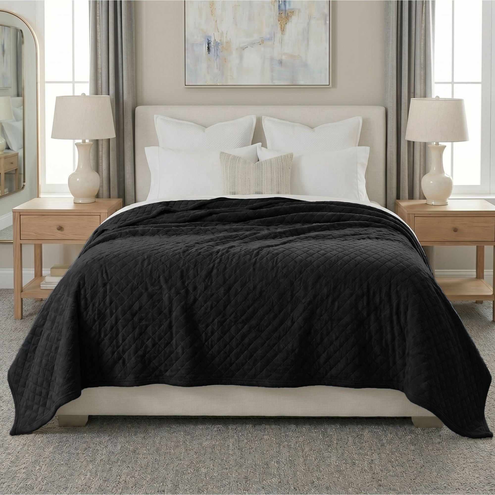 Superior Holly Grid Fluffy Fleece Blanket, King Size, Black